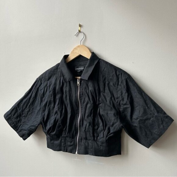 LAMARQUE Black Zip Linen Collared Crop Top Size S - Picture 3 of 7